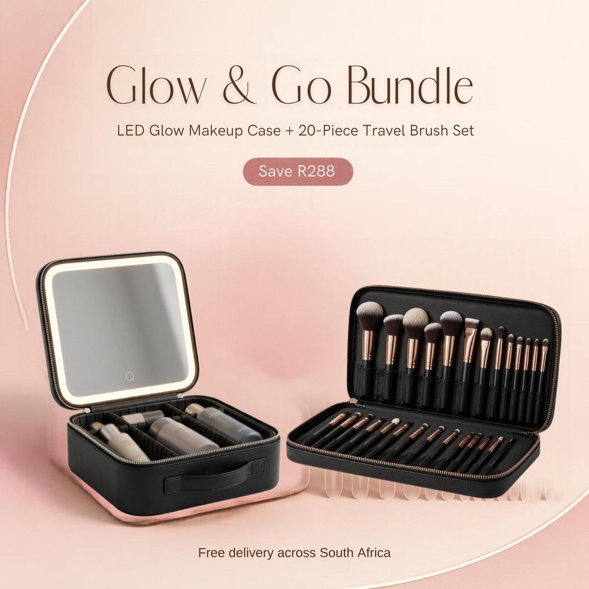 Glow & Go Bundle: LED Glow Makeup Case and 20-Piece Travel Brush Set