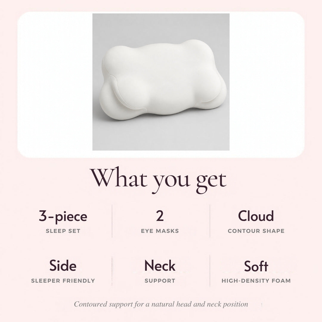 What you get: 3-piece sleep set, 2 eye masks, cloud contour shape, side sleeper friendly, neck support, soft high-density foam