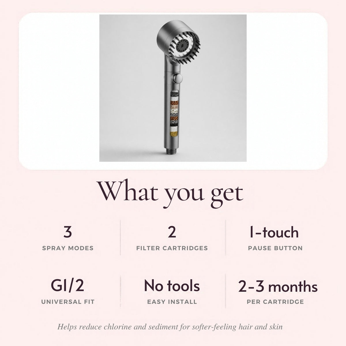 What you get: 3 spray modes, 2 filter cartridges, 1-touch pause, G1/2 fit, no-tool install