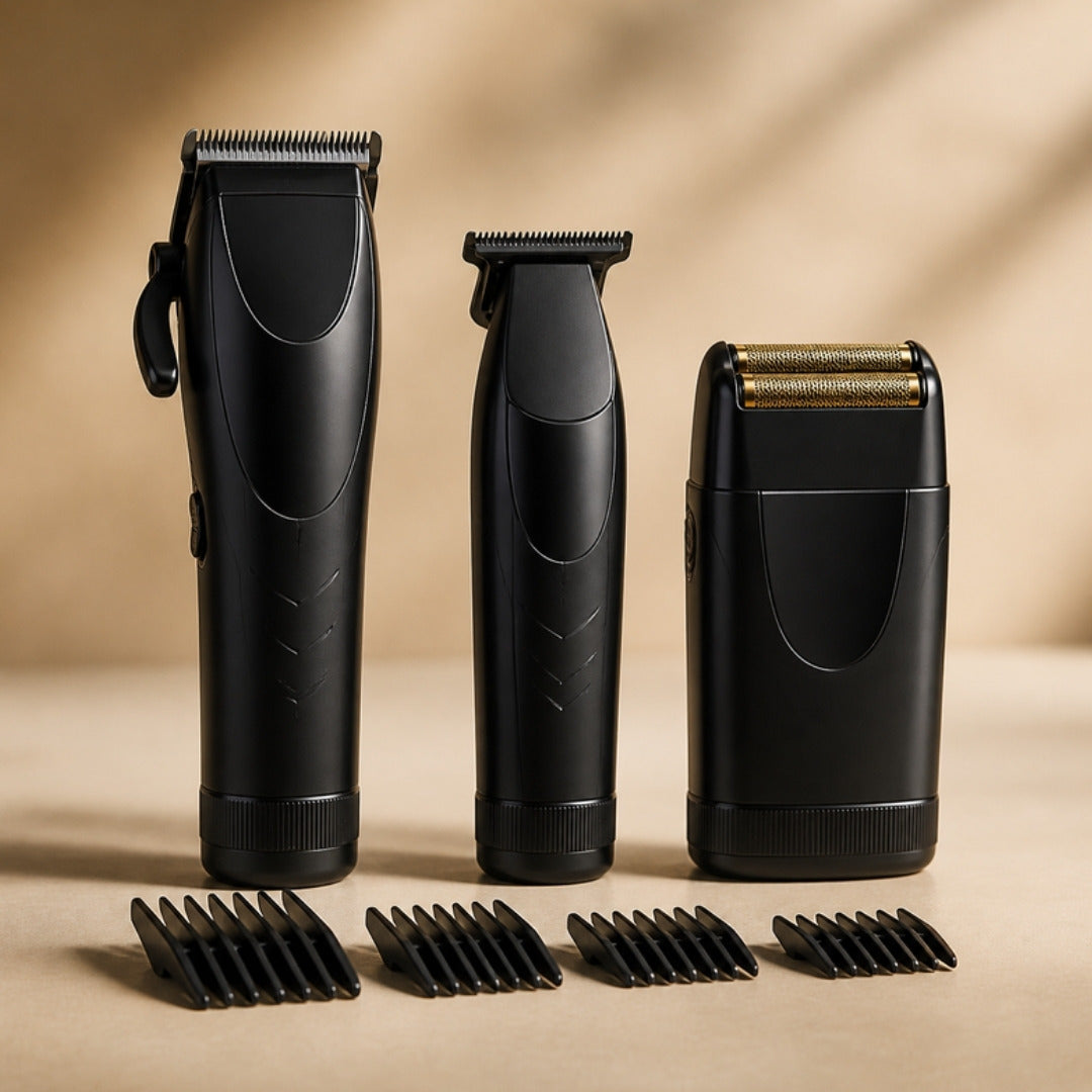 Men's Grooming Set: hair clipper, T-blade trimmer and foil shaver with guard combs