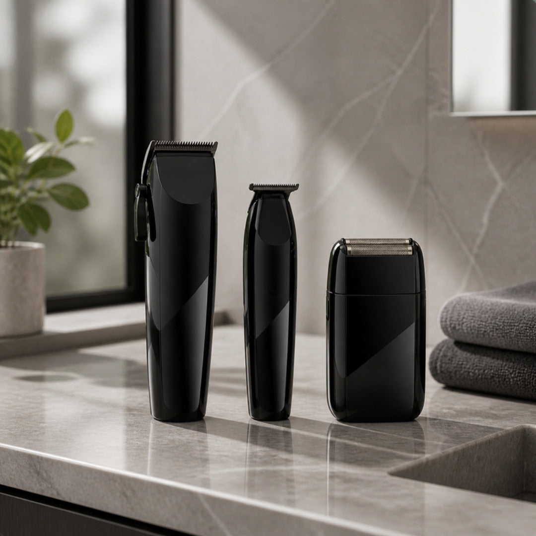 Grooming set on a marble bathroom counter