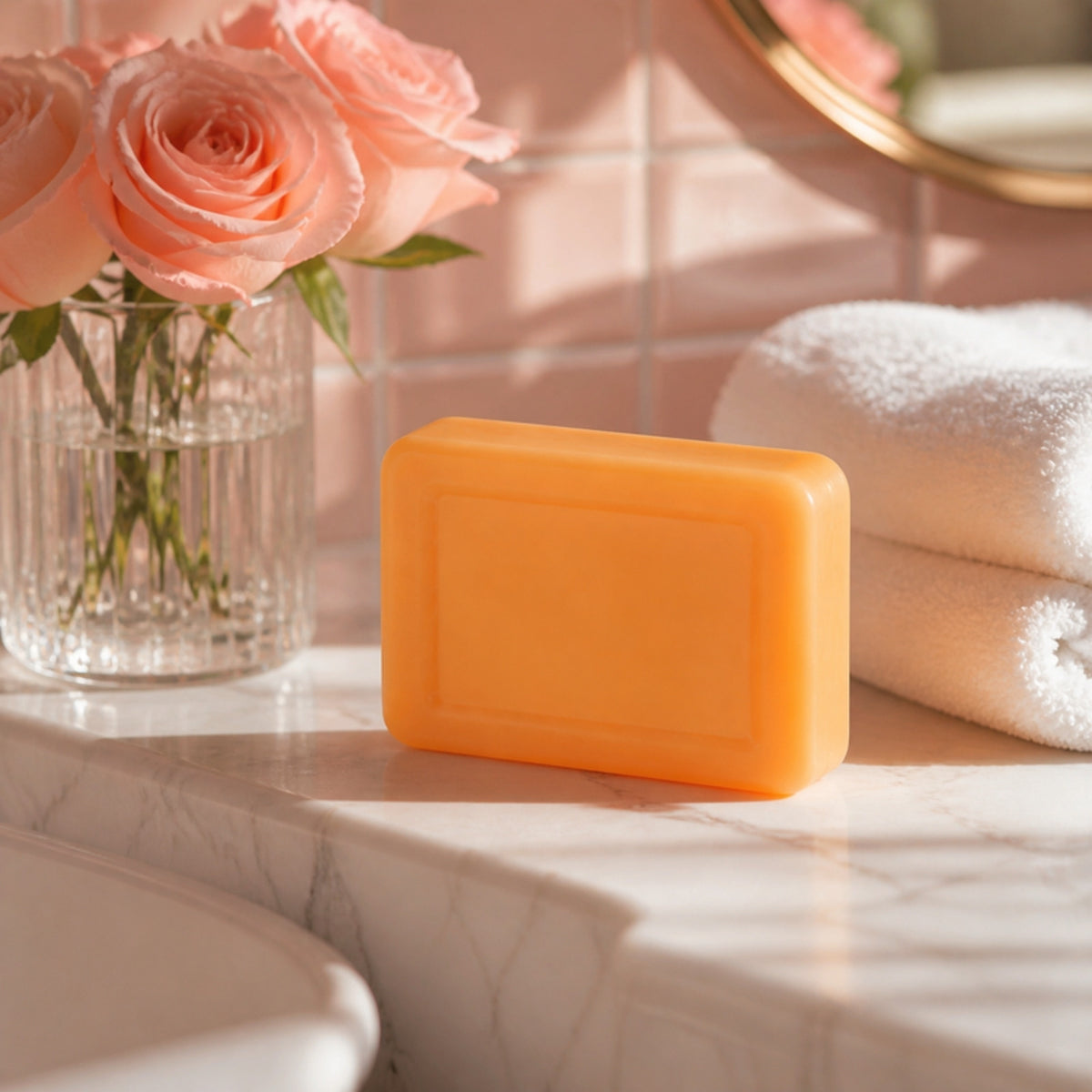 Persimmon soap on a marble ledge in a blush spa bathroom