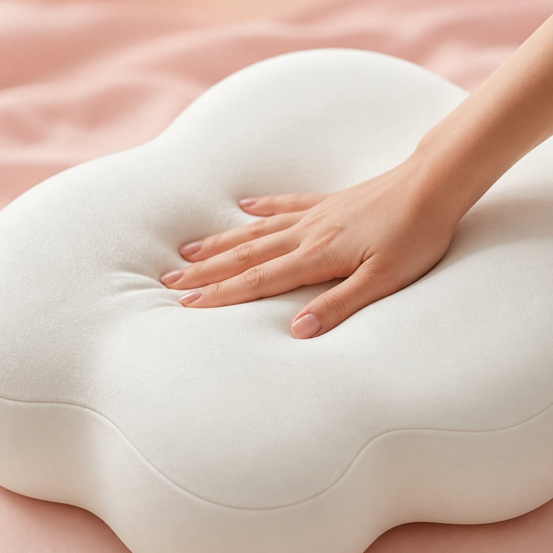 Hand pressing into the soft high-density foam of the Cloud Pillow