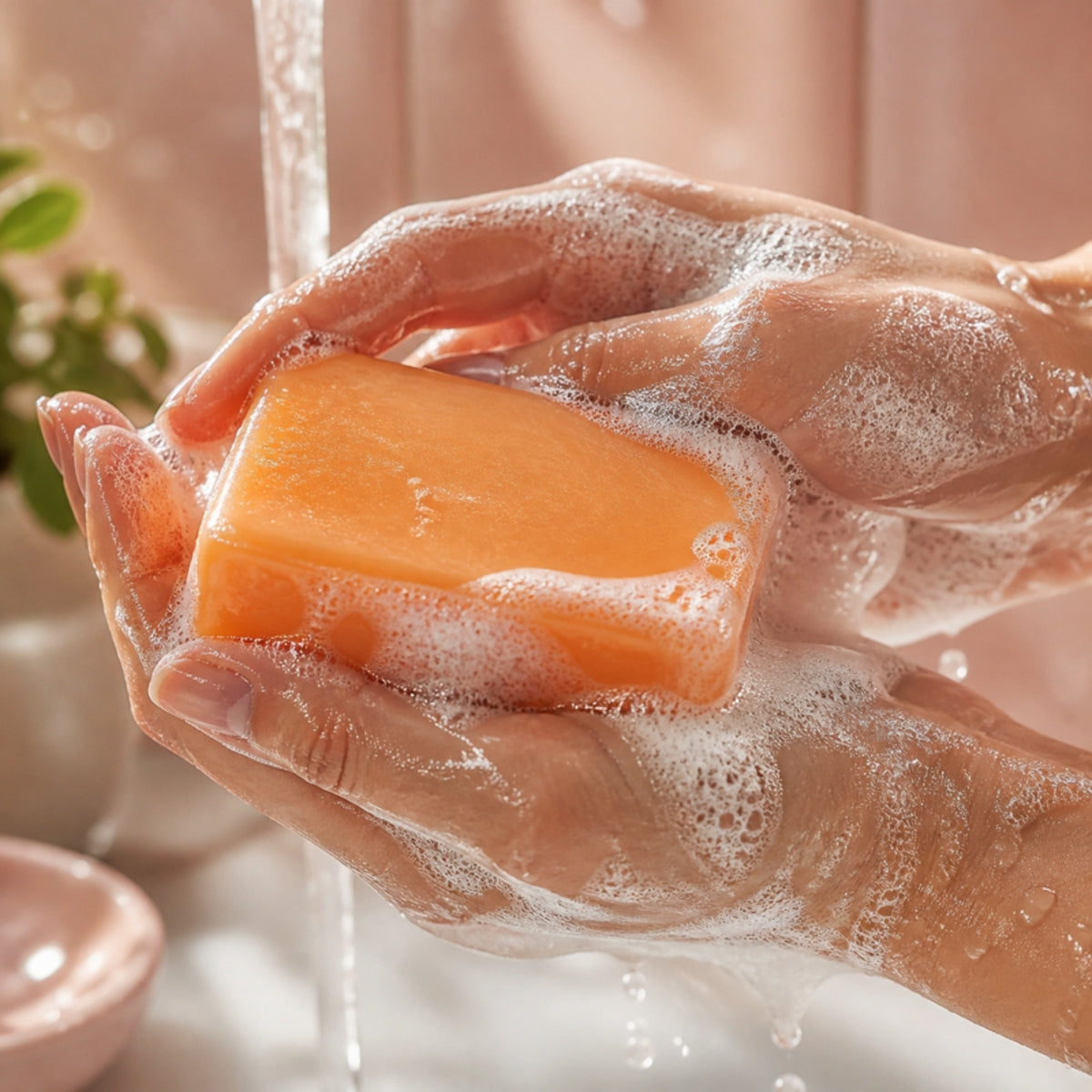 Hands lathering the persimmon soap into a rich, creamy foam