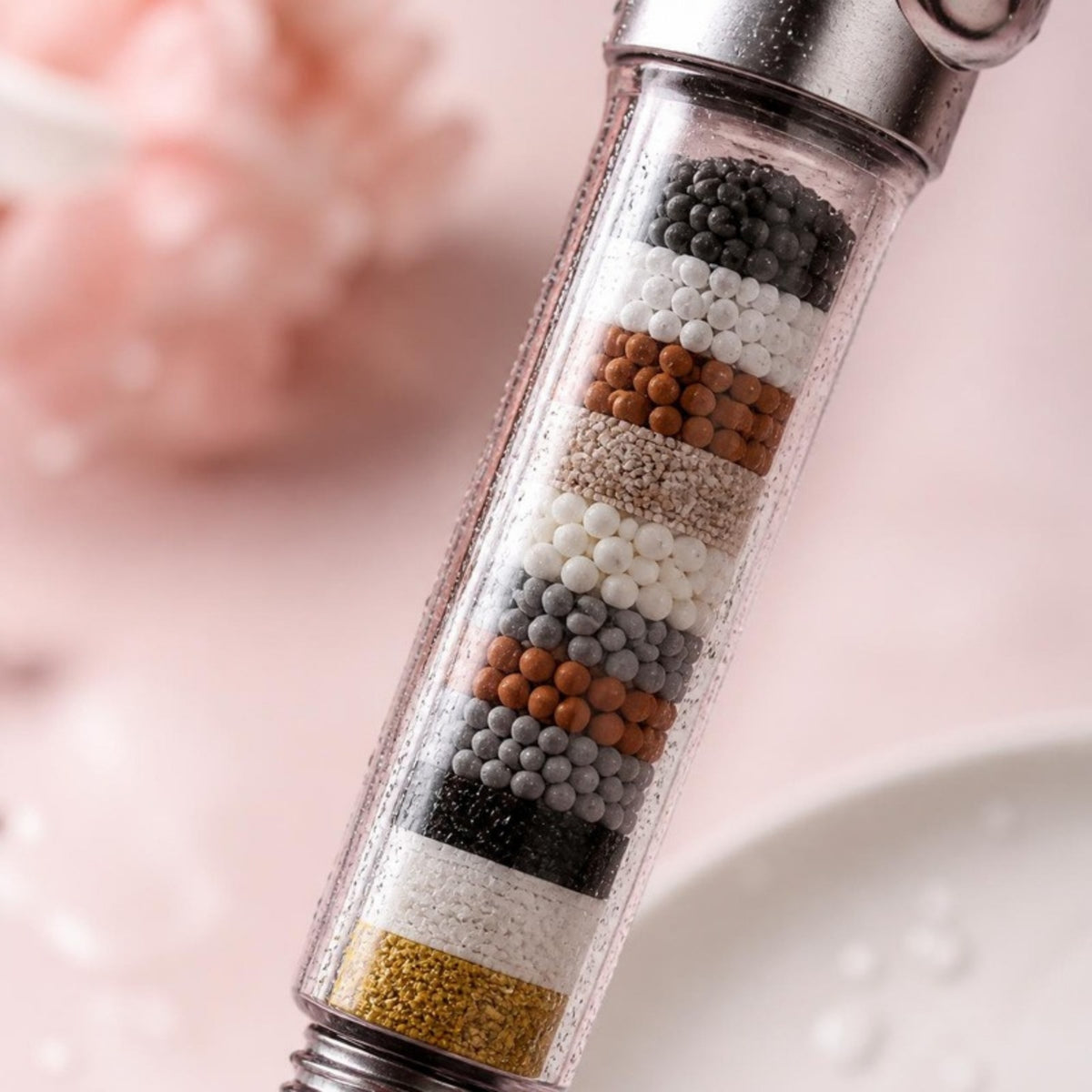 Close-up of the layered filter beads in the handle