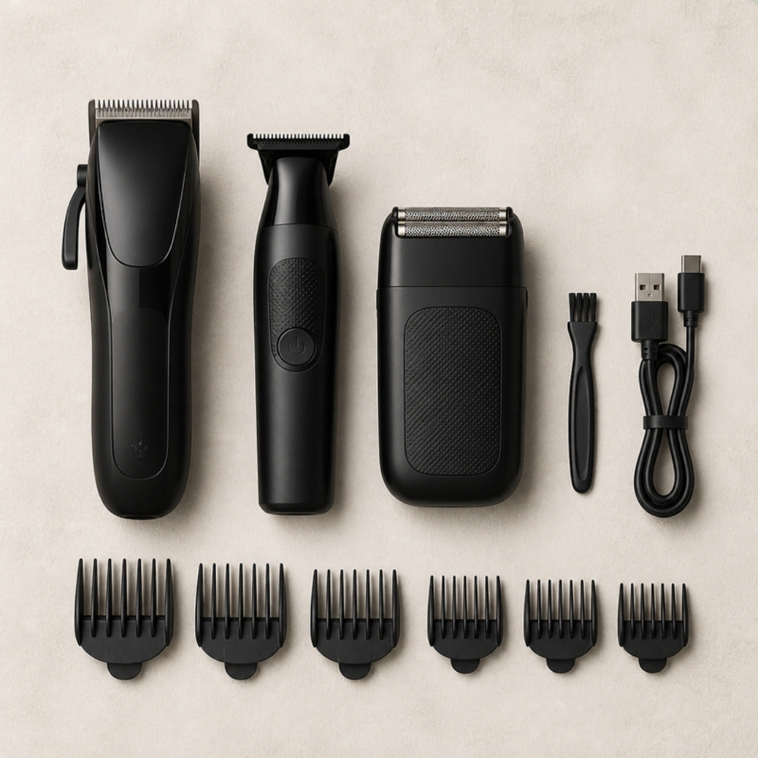 Everything in the box: clipper, trimmer, shaver, combs, brush and USB cable