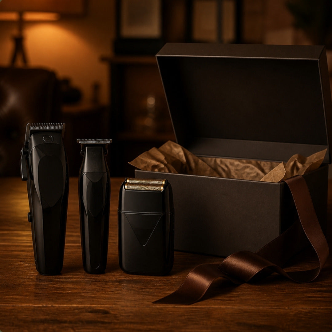 Grooming set next to a gift box