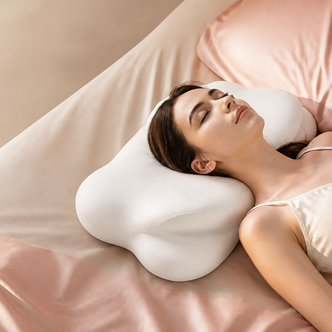 Woman sleeping on her back with her neck cradled by the Cloud Pillow