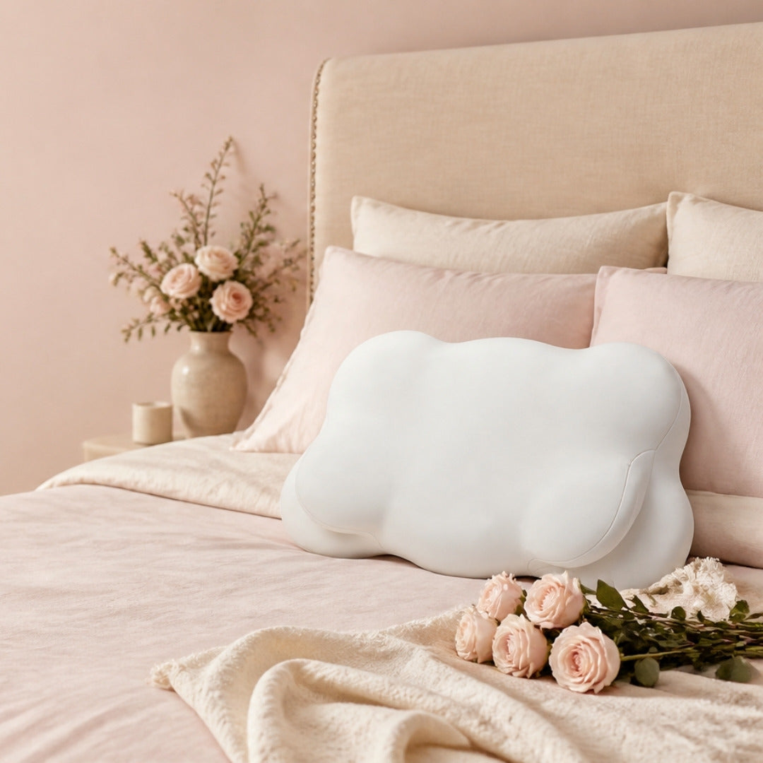 Cloud Pillow on a made bed with pink roses in a soft blush bedroom