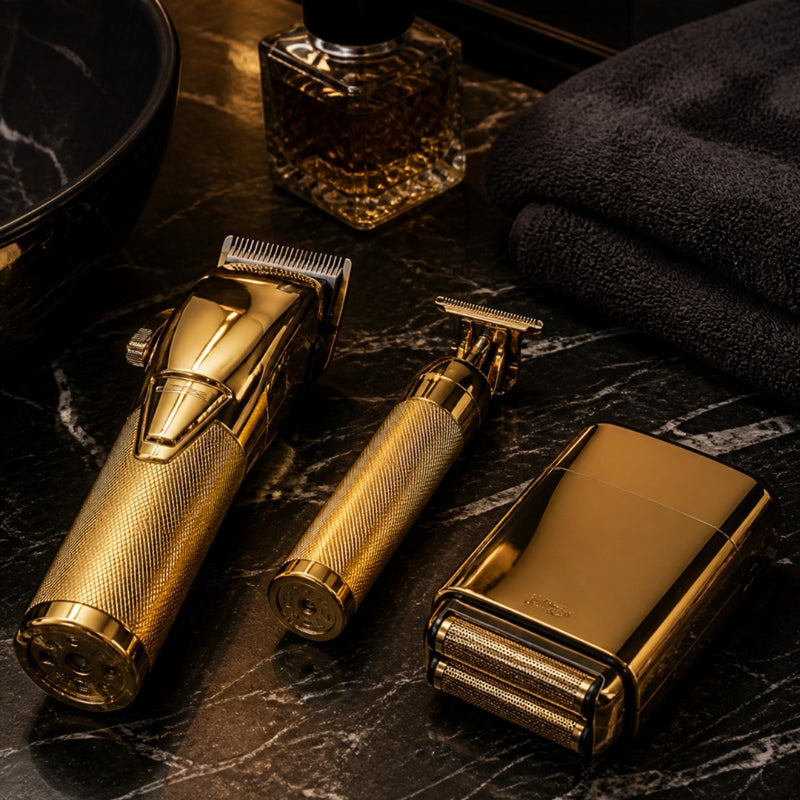 Gold grooming set on a black marble counter