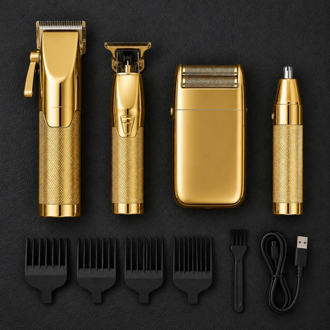 Everything in the gold set: 4 tools, guard combs, brush and USB cable