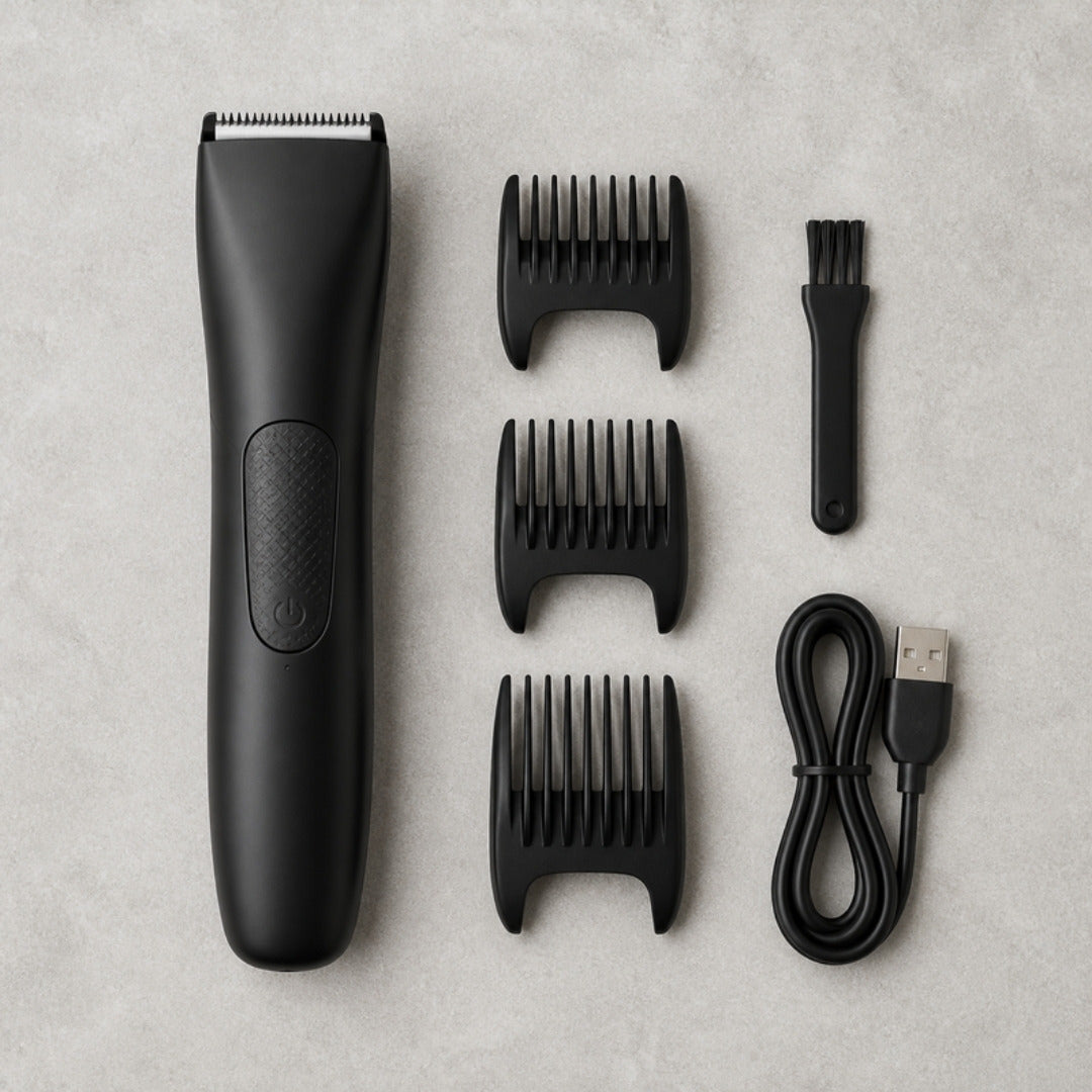 Body trimmer with guard combs, brush and USB cable