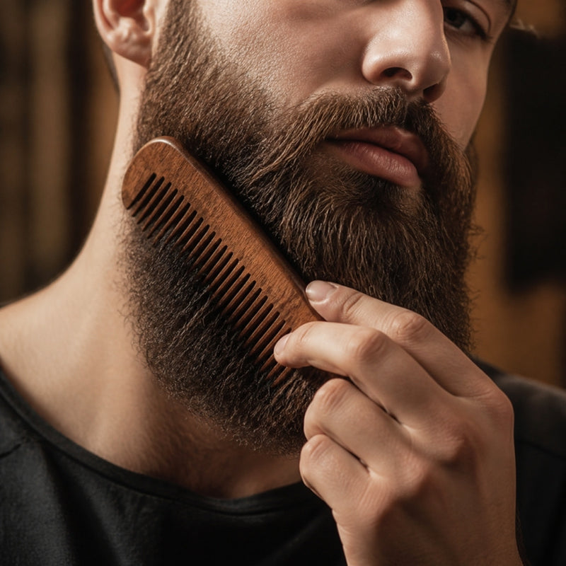 Combing a full beard with the wooden comb