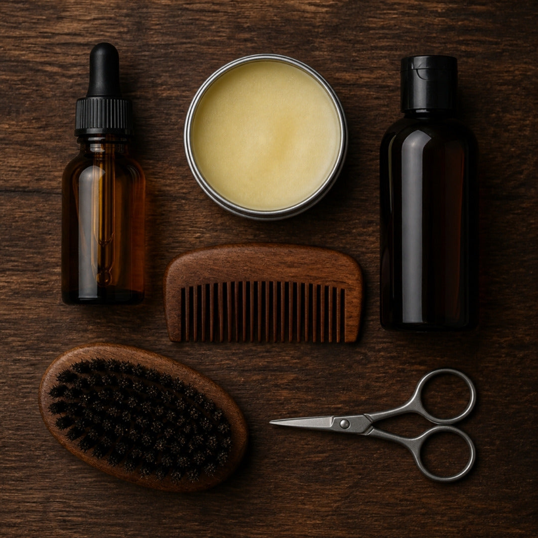 Beard care kit flat lay
