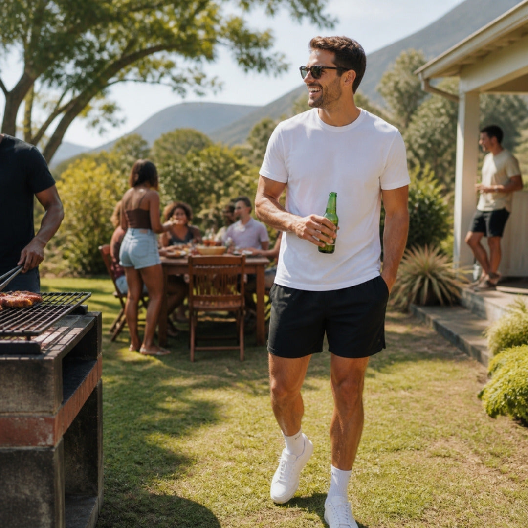 Weekend braai in athletic shorts