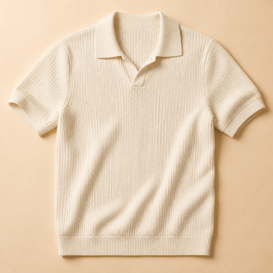 Cream textured knit polo shirt