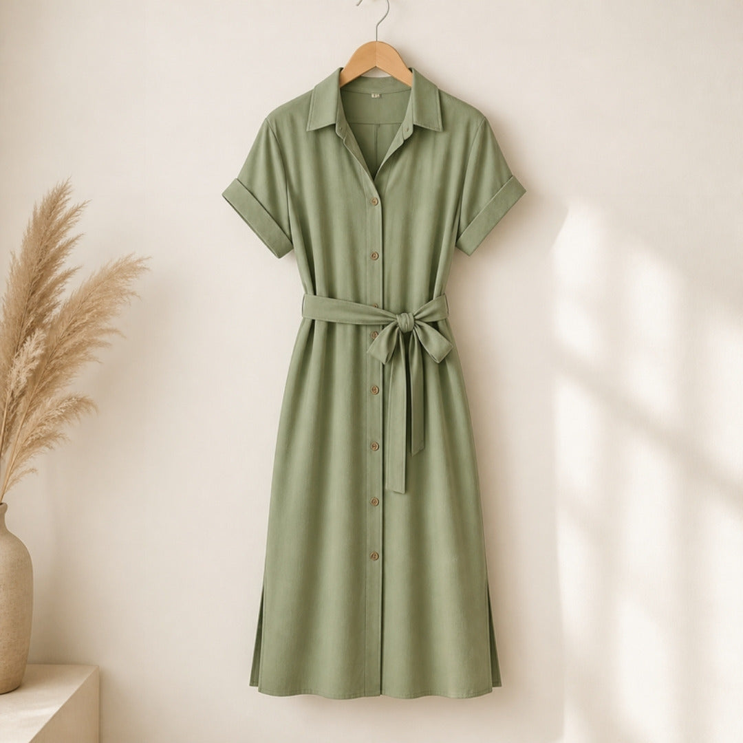 Sage green button-front shirt dress