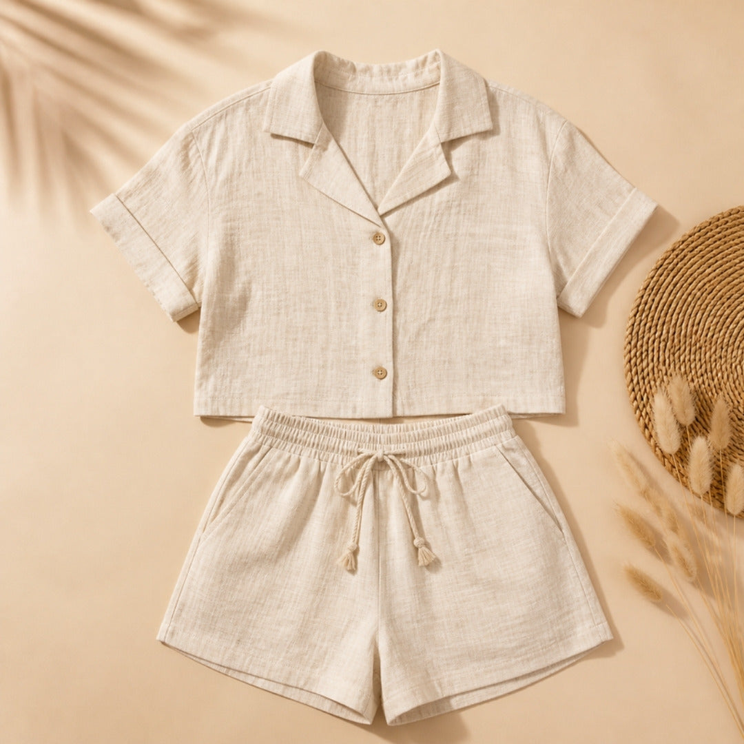 Oat linen-look shirt and shorts set