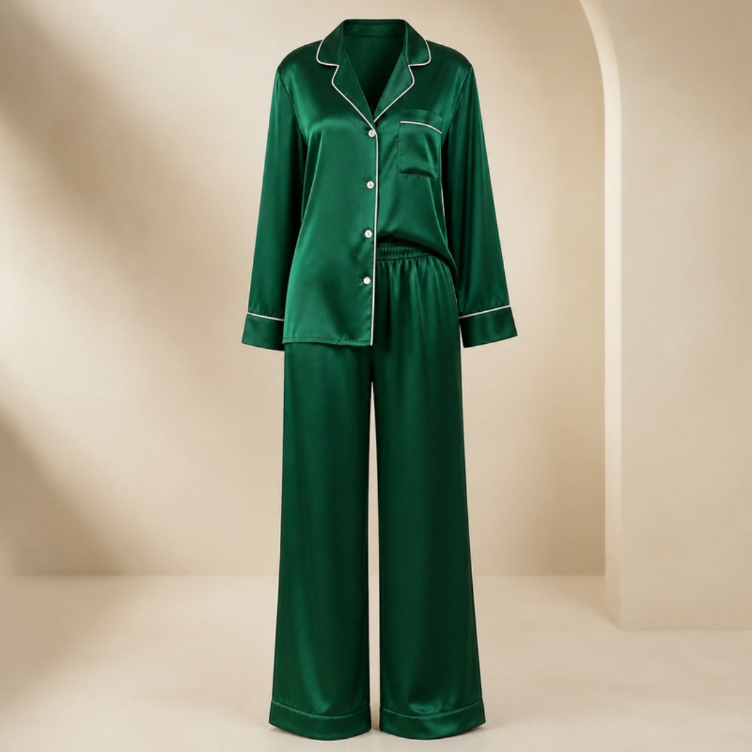 Emerald satin long-sleeve lounge set