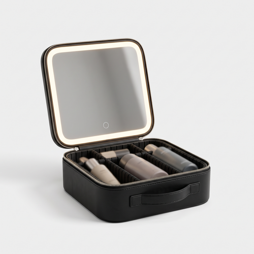 Vanigo LED Glow Makeup Case in black, open with the LED mirror lit