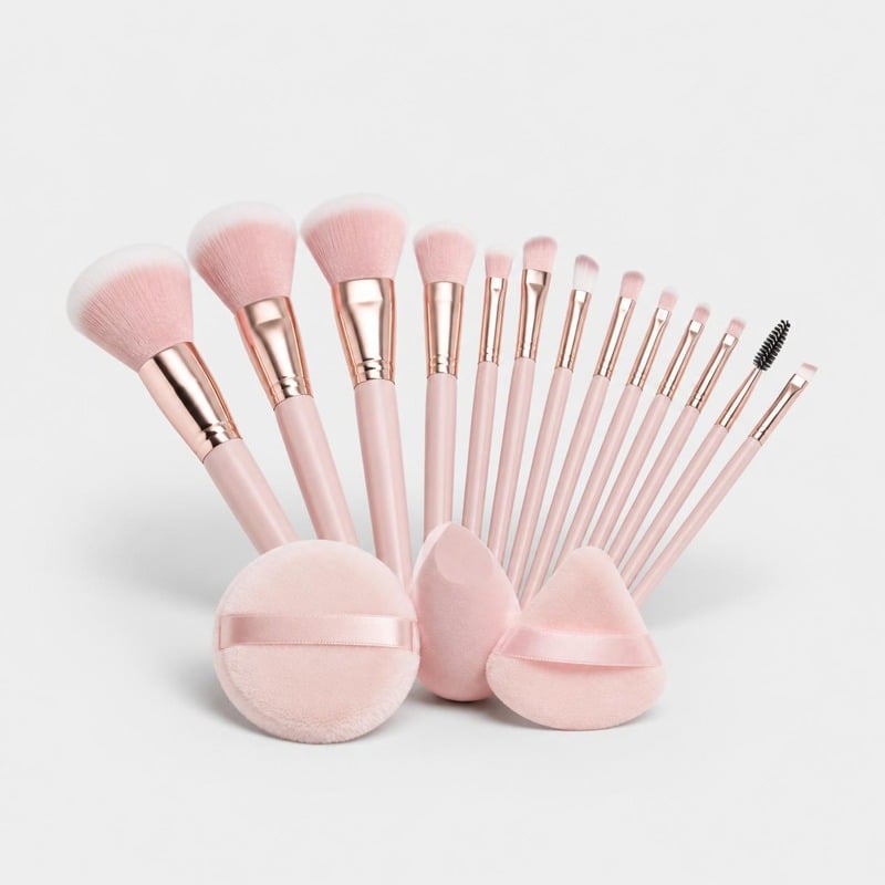 Vanigo 13-Piece Pink Brush Set with powder puffs