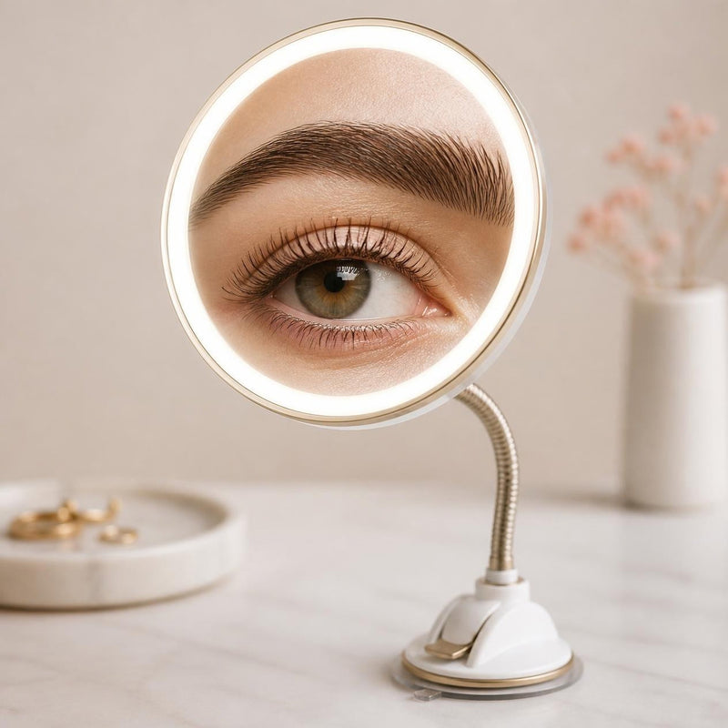 Magnifying close-up of brows and lashes