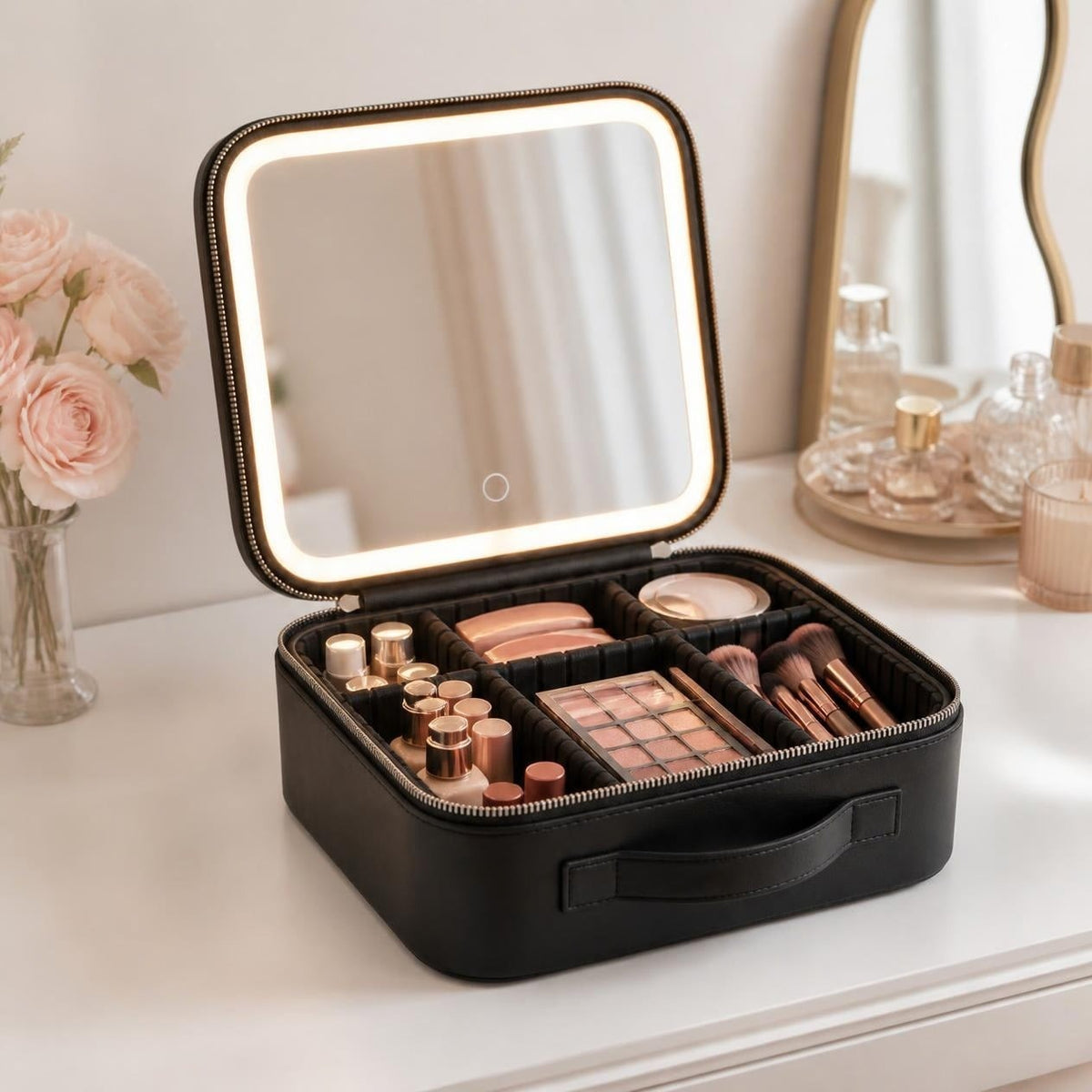 LED Glow Makeup Case open and lit, filled with makeup