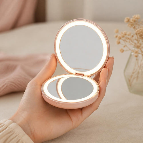 Lit compact mirror in the hand