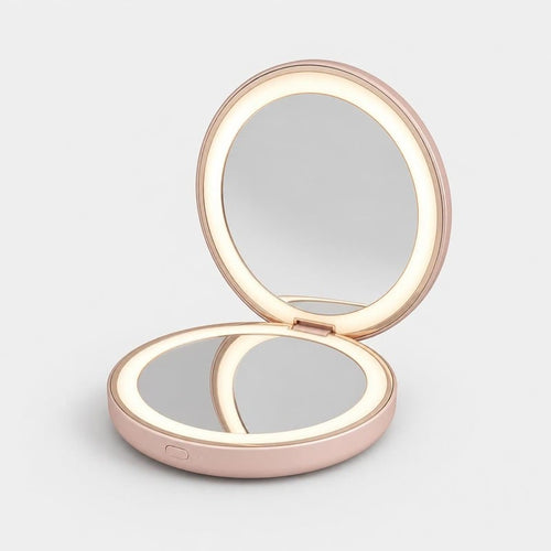 Vanigo LED Compact Mirror in blush pink, open and lit