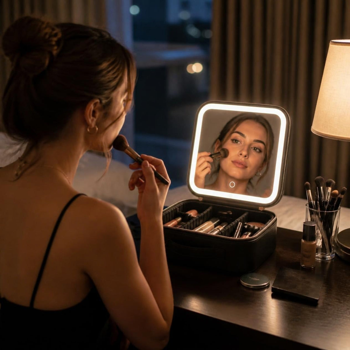 Doing makeup at a hotel desk with the case