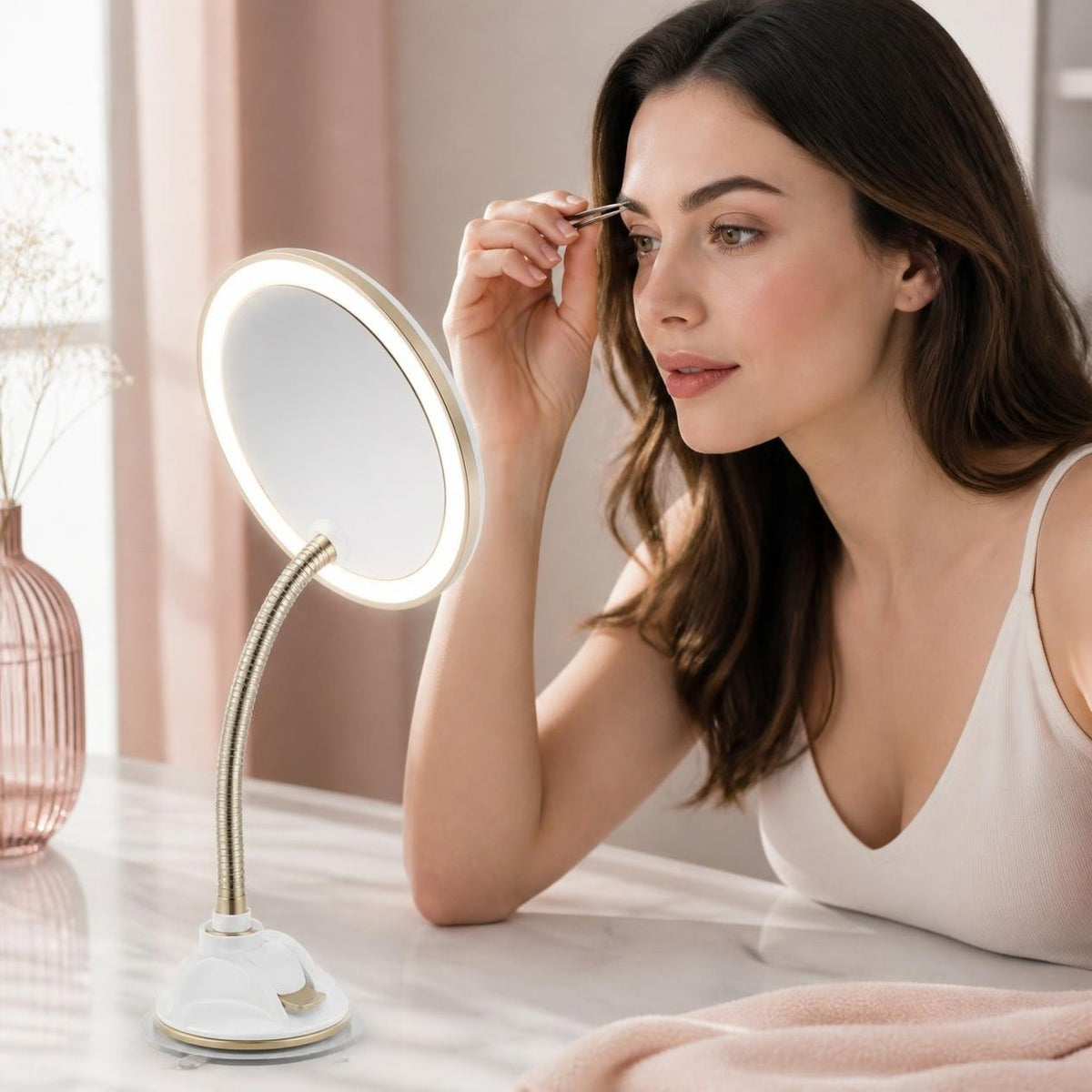 Shaping brows in the lit mirror