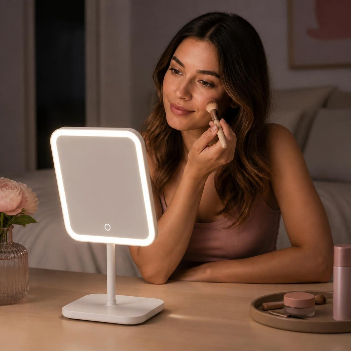 Doing makeup in the mirror at night