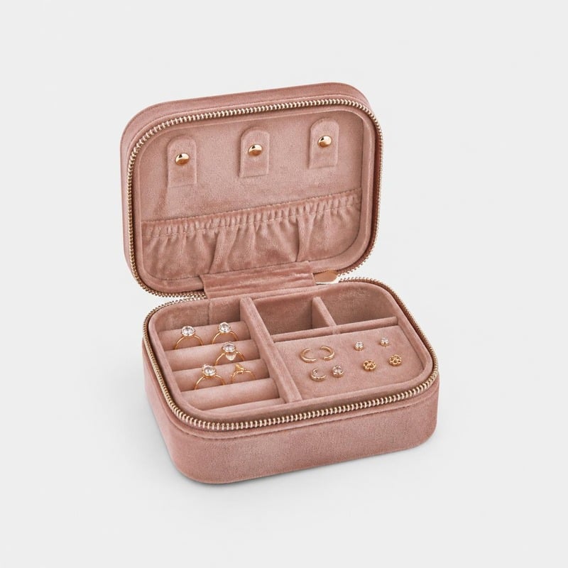 Vanigo Velvet Travel Jewellery Case in dusty rose, open